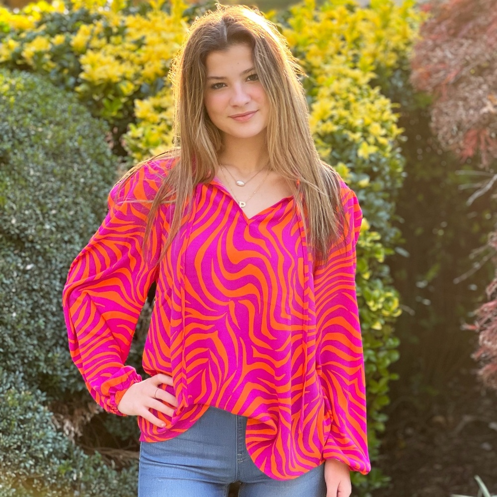 Zebra Print Tie Neck Top